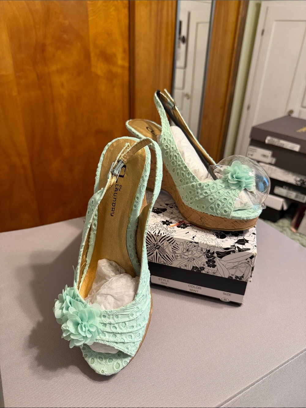 CL by Laundry Mint Lace Peep-Toe Slingback Wedges with Floral Accent